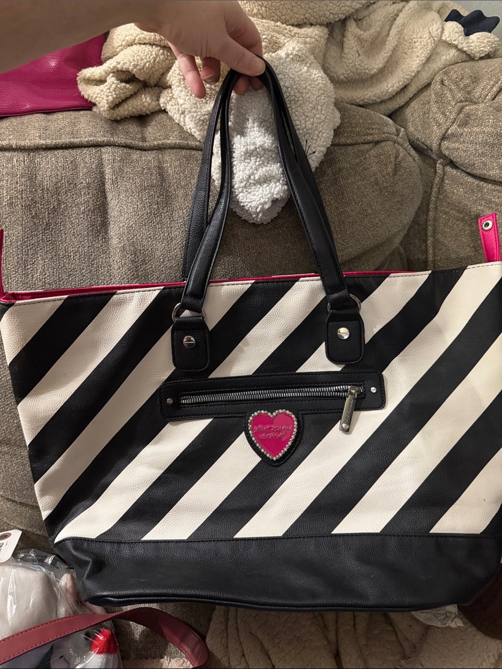 Betsey Johnson Striped Black & White Tote with Pink Heart Accent